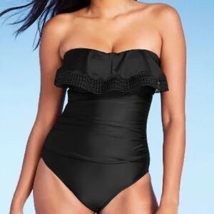 Kona Sol Elegant Black Ruffle One Piece Swimsuit